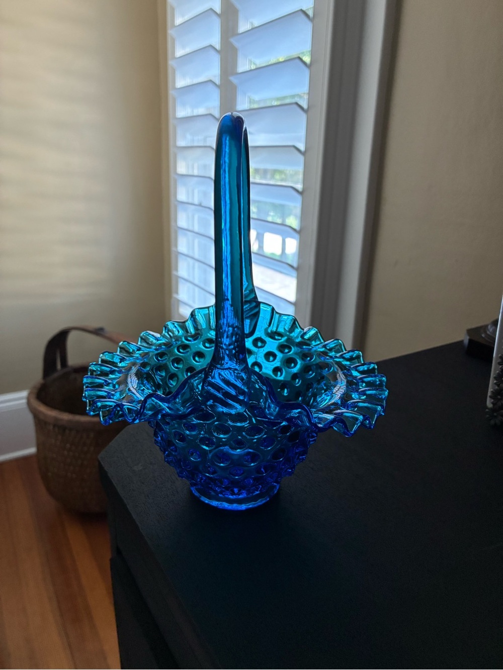 Fenton Blue Hobnail Glass Basket with Ruffled Edge - Picture 6 of 6